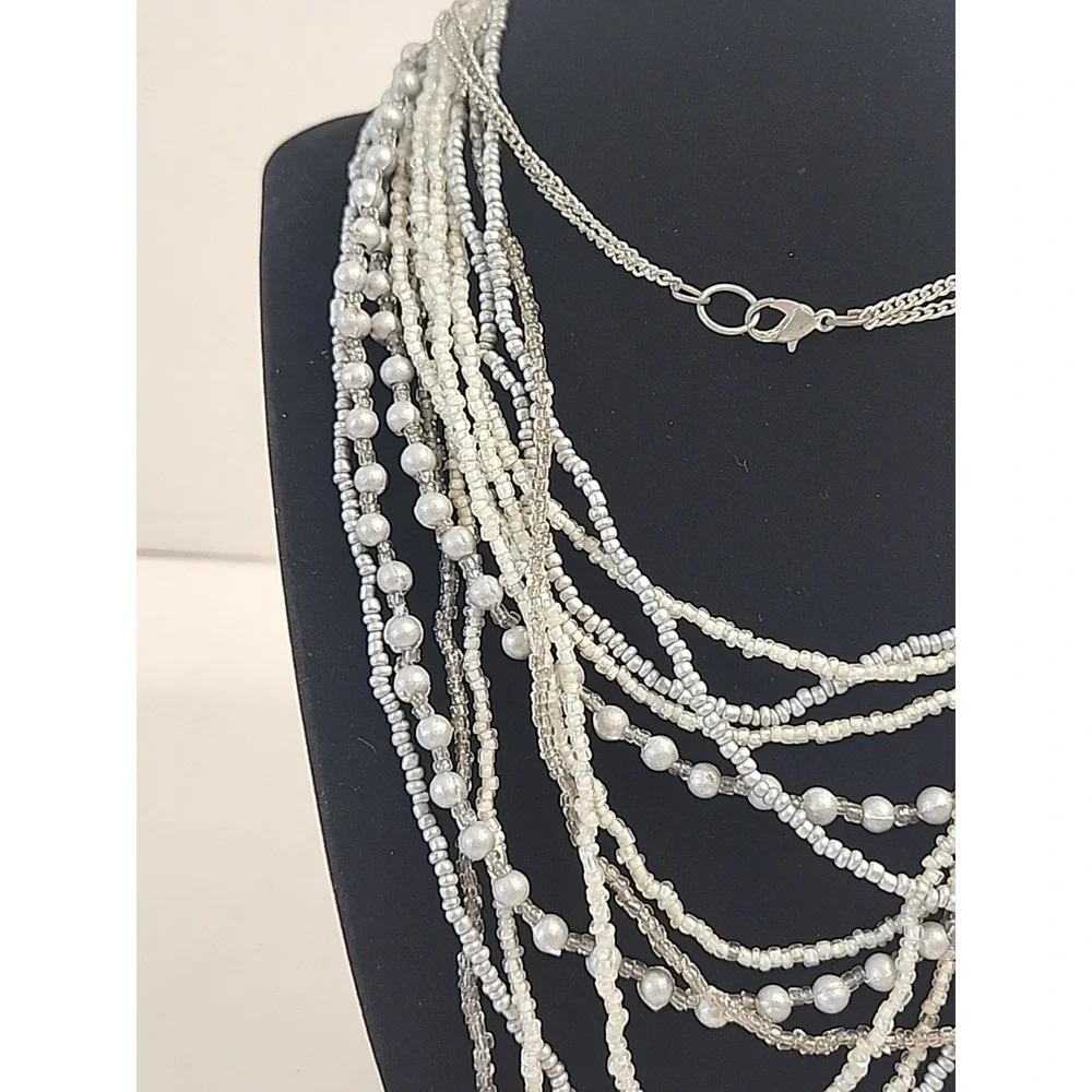 Mutli-Strand Layered Bib Necklace Silver Tones‎ W/ Glass Seed Beads 30